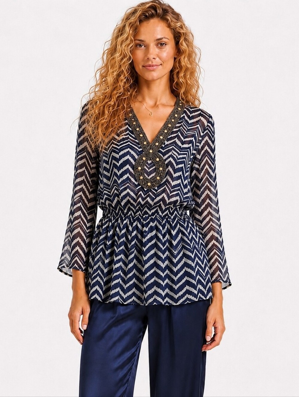 Attitudes By Renee Navy White Beaded Studded Lightweight Tunic Top M